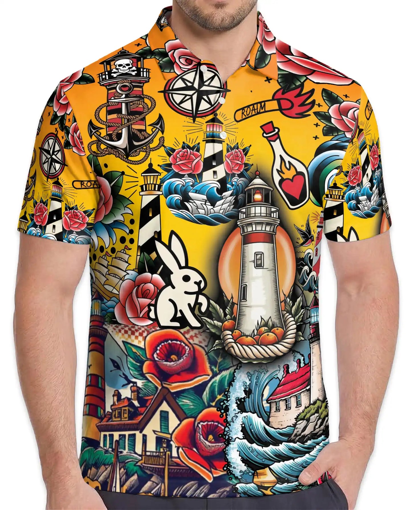 Nautical Tattoo Polo Shirt - Lighthouse Coastal Design | Netecom