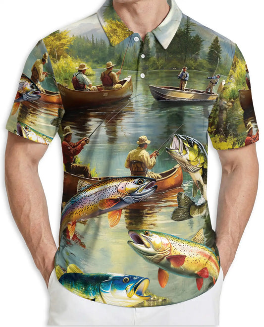 Lake Fishing Adventure 3D Polo Shirt for Men – Outdoor Angler Nature Style | Netecom