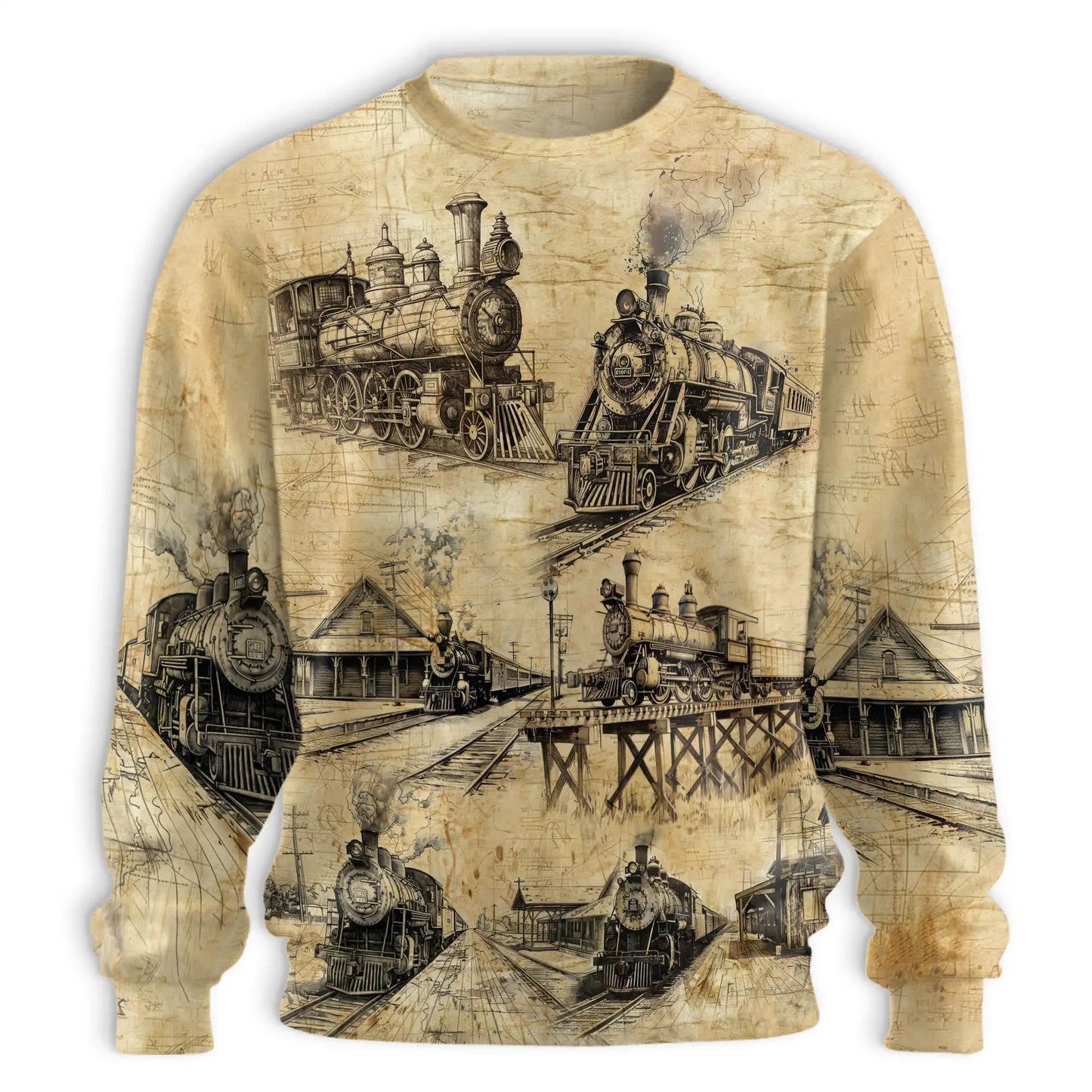 Vintage Locomotive Engine Sweatshirt, 3D All Over Print Retro Train Crewneck Pullover for Men Women, Train Lover Gift - Netecom