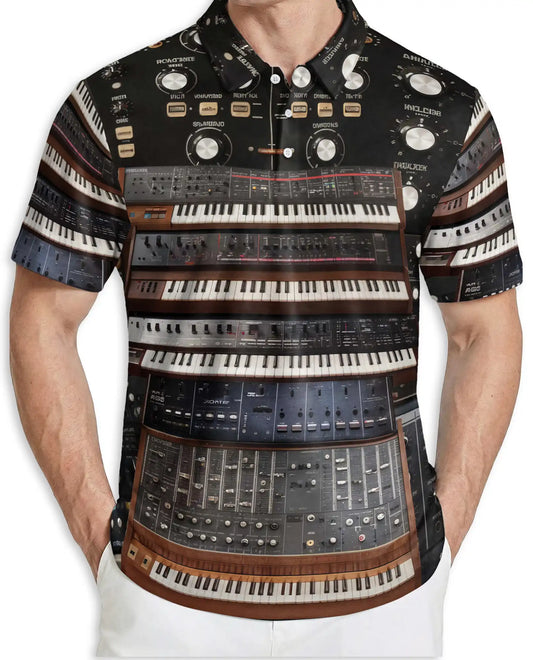 Vintage Synthesizer 3D Polo Shirt for Men – Retro Keyboard Music Style | Netecom