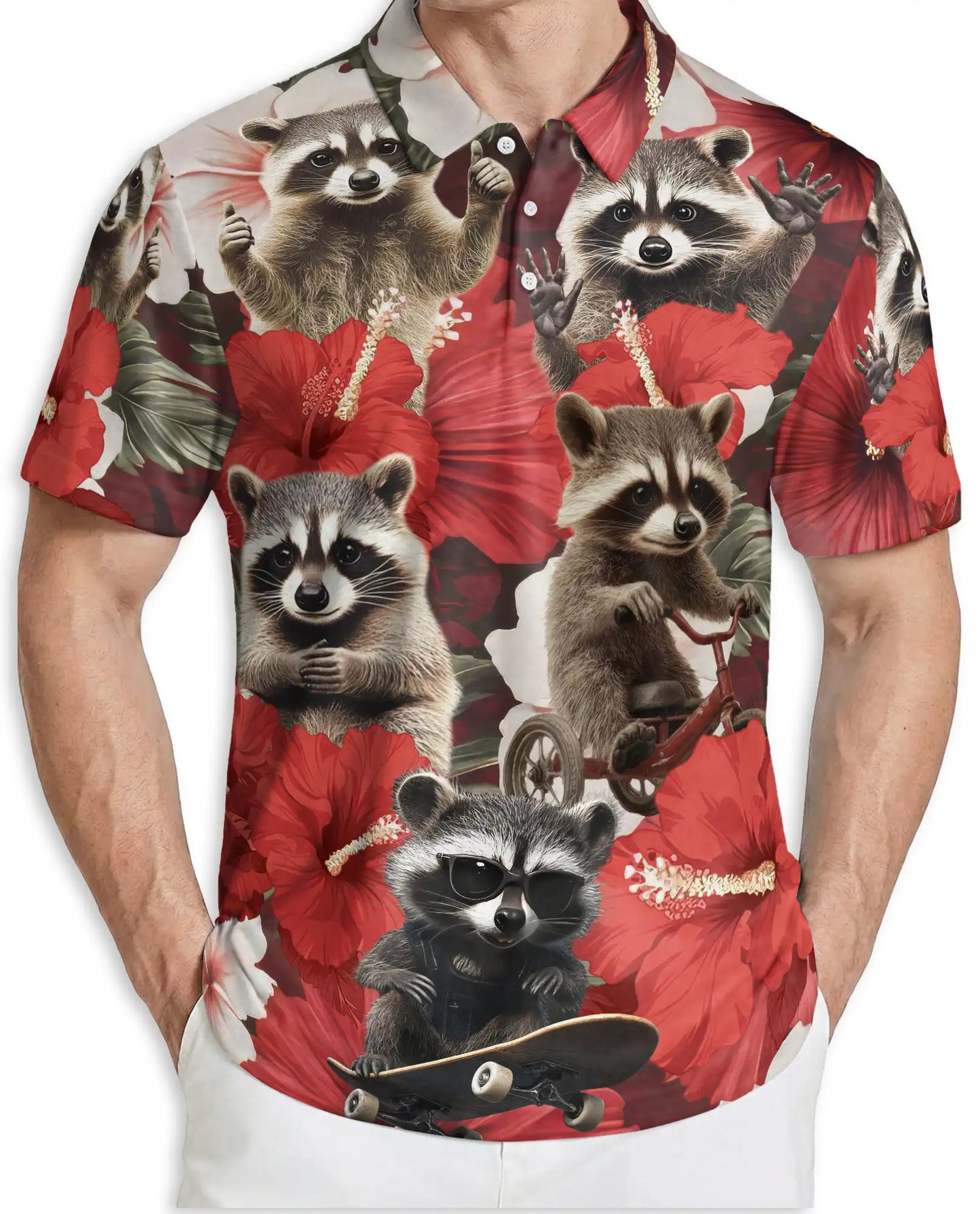 Raccoon Floral 3D Polo Shirt for Men – Funny Animal Hibiscus Style | Netecom