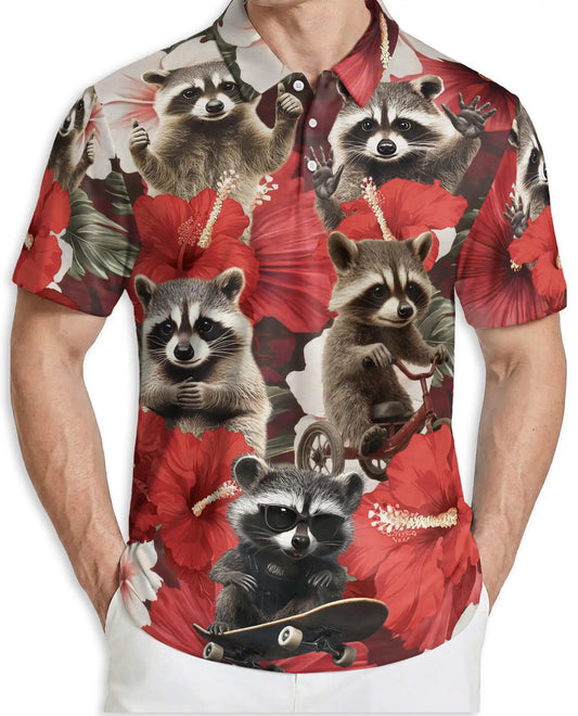 Raccoon Floral 3D Polo Shirt for Men – Funny Animal Hibiscus Style | Netecom