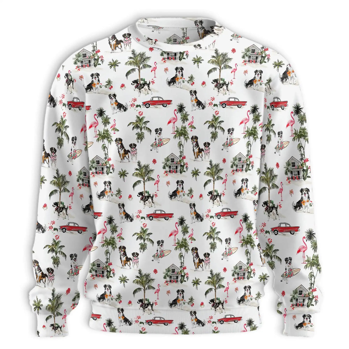 Border Collie Flamingo Palm Tree Tropical Sweatshirt, 3D All Over Print Beach Dog Crewneck Pullover for Men Women, Border Collie Lover Gift - Netecom