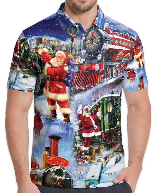 Santa Christmas Train 3D Polo Shirt for Men – Vintage Holiday Railway Style | Netecom