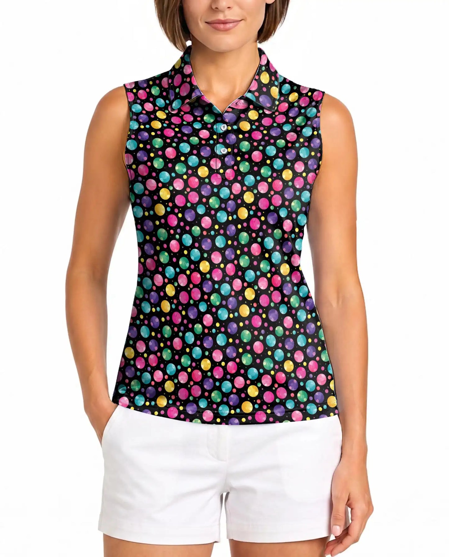 Colorful Polka Dots Sleeveless Polo Shirt for Women  | Netecom