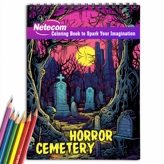 Horror Cemetery Spiral Bound Coloring Book, Dive into the Horror Cemetery Coloring Book with 30 Spine Chilling Illustrations