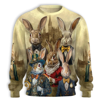 Vintage Rabbit Art Sweatshirt, 3D All Over Print Retro Bunny Crewneck Pullover for Men Women, Rabbit Lover Gift - Netecom