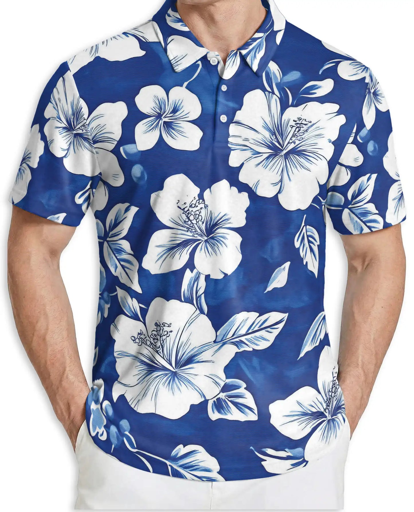 Blue White Hibiscus Polo Shirt | Netecom