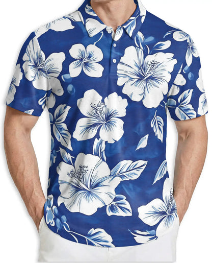 Blue White Hibiscus Polo Shirt | Netecom