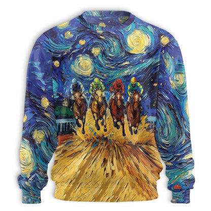 Horse Racing Starry Night Sweatshirt, 3D All Over Print Galaxy Equestrian Art Crewneck Pullover for Men Women, Horse Racing Lover Gift - Netecom