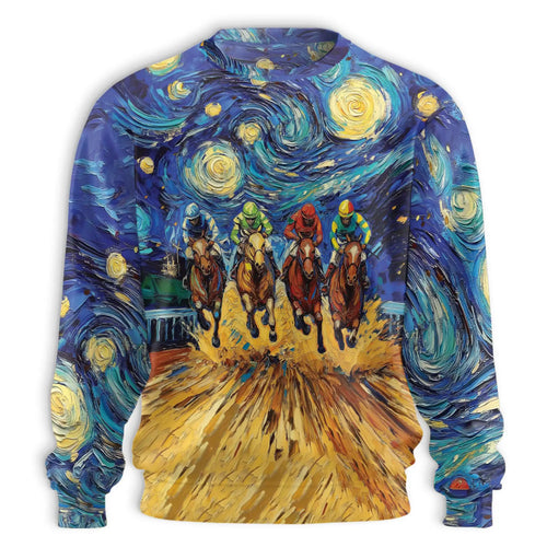 Horse Racing Starry Night Sweatshirt, 3D All Over Print Galaxy Equestrian Art Crewneck Pullover for Men Women, Horse Racing Lover Gift - Netecom