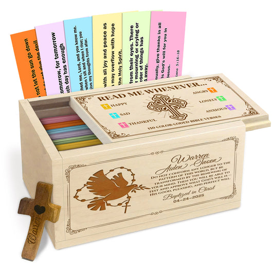 Netecom Personalized Bible Verse Box with 150 Color-Coded Scriptures, Custom Name & Year on Box, Custom Name on Wooden Cross – Christian Faith Keepsake Gift for Daily Prayer, Reflection & Spiritual Encouragement