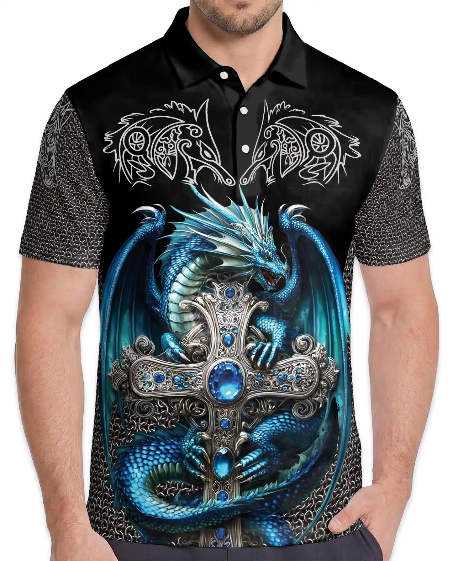 Blue Dragon Cross Polo Shirt for Men - Fantasy Medieval Dragon | Netecom