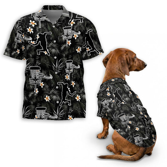 Netecom Matching Disc Golf Hawaiian Shirt for Dog and Owner, Tropical Flower Aloha Summer Shirt, Disc Golf Print Outfit for Pet and Human, Beach Vacation Casual Wear