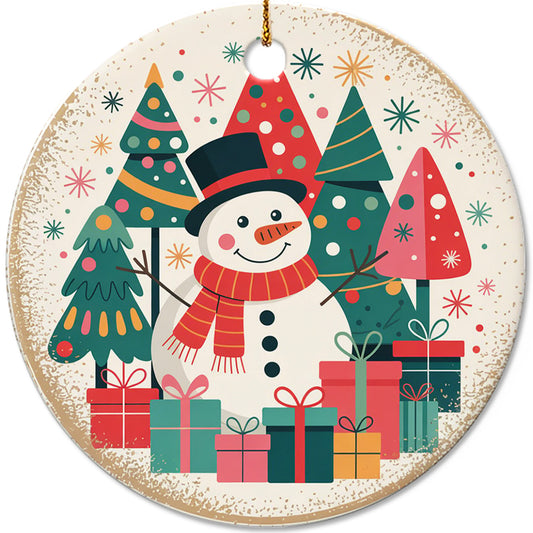 Netecom Vintage Winter Snowy Snowman Ornament, Smiling Snowman Christmas Tree Ceramic Ornament for Xmas Tree Hanging Decorations Gift, Gifts for Family and Friend, Holiday Party Present