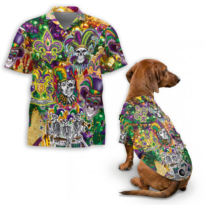 Netecom Matching Skulls Mardi Gras Hawaiian Shirt for Dog and Owner, Festive Aloha Summer Shirt, Skull Print Button Down Outfit for Pet and Human, Beach Vacation Casual Wear
