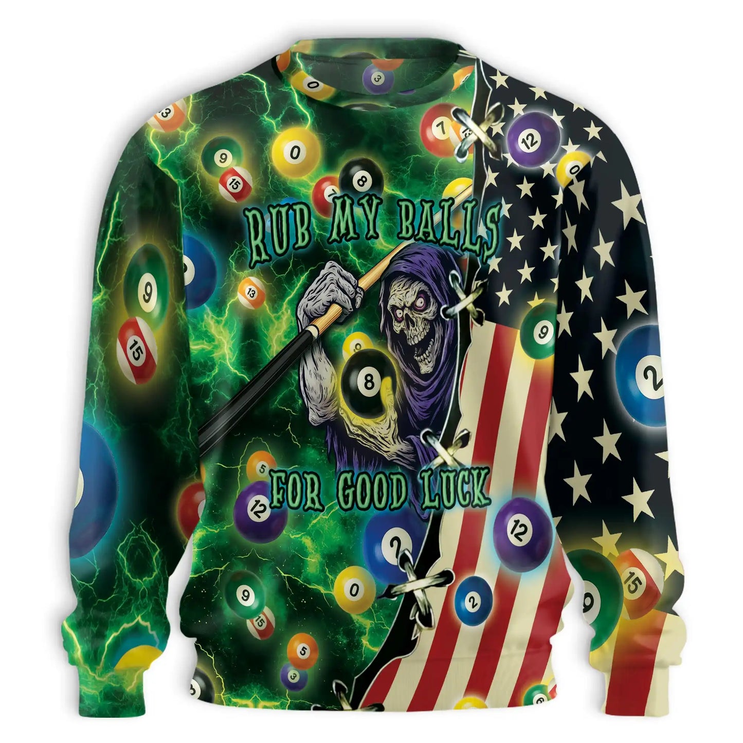 Rub My Balls for Good Luck Billiard Sweatshirt, 3D All Over Print Funny Pool Crewneck Pullover for Men Women, Billiards Player Gift - Netecom