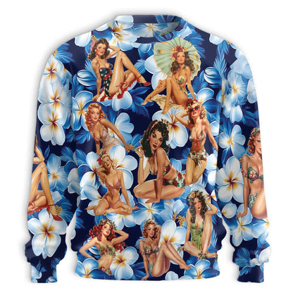 Retro Pinup Girl Floral Sweatshirt, 3D All Over Print Vintage Flower Crewneck Pullover for Men Women, Pinup Art Lover Gift - Netecom