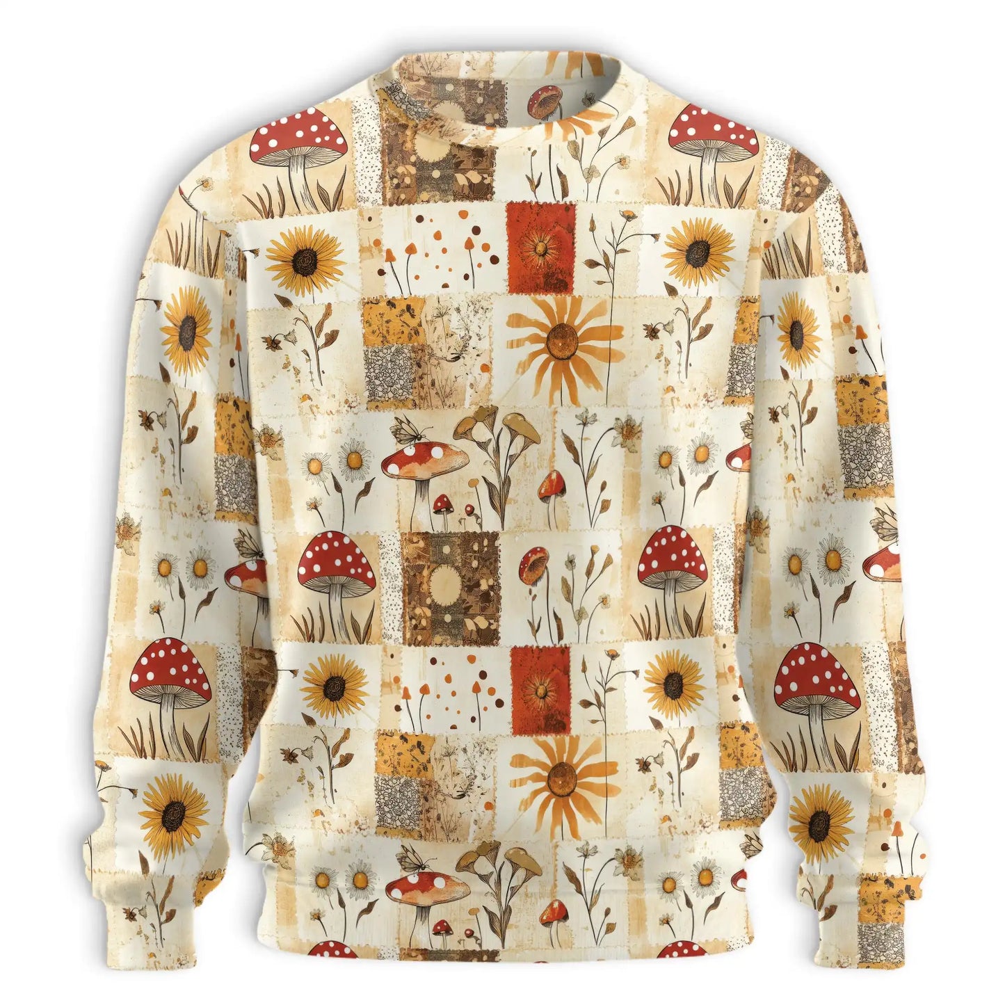 Vintage Patchwork Mushroom and Sunflower Sweatshirt, 3D All Over Print Boho Floral Crewneck Pullover for Men Women, Mushroom Lover Gift - Netecom
