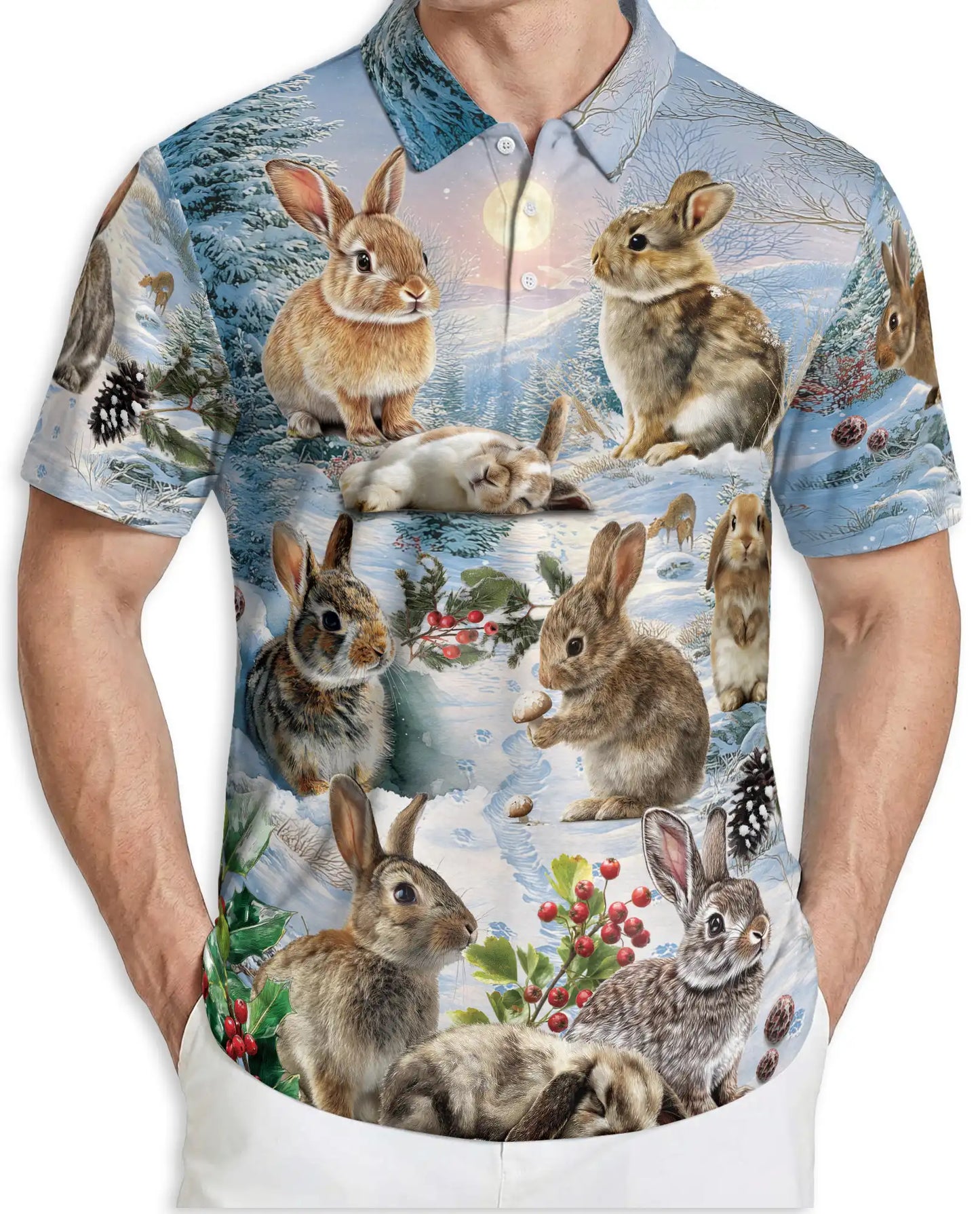 Winter Rabbit Polo Shirt – Snow Bunny Woodland Print | Netecom