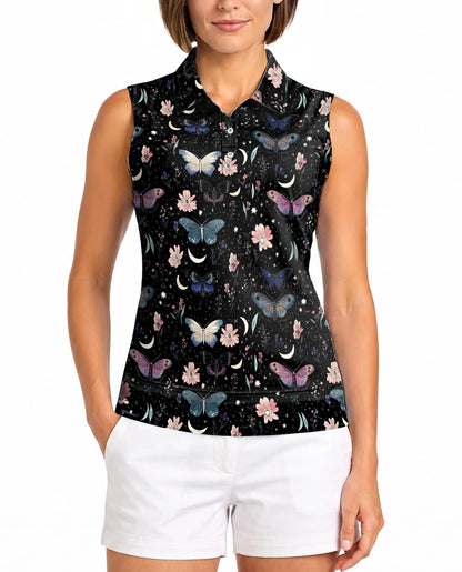 Dark Botanical Moth Pattern Sleeveless Polo Shirt for Women | Netecom