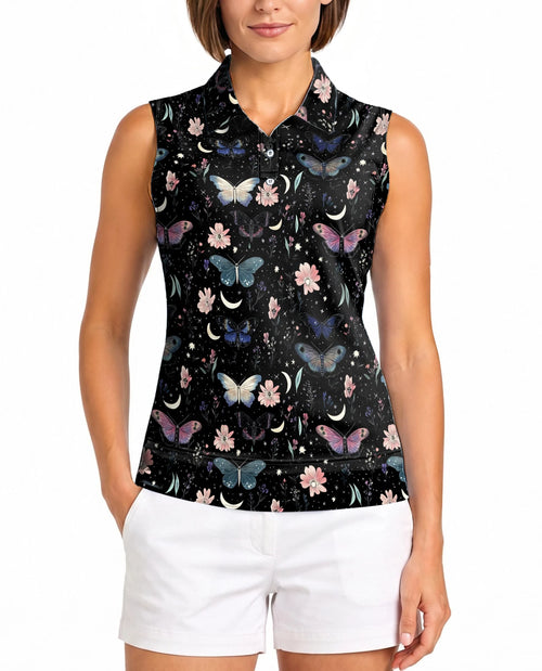 Dark Botanical Moth Pattern Sleeveless Polo Shirt for Women | Netecom