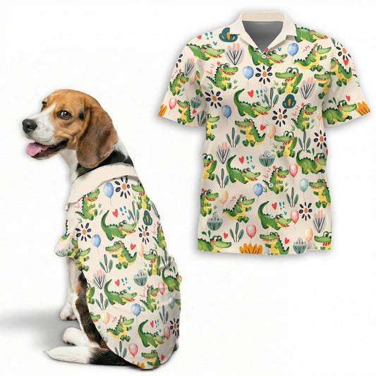 Funny Alligator Cartoon Pattern Hawaii Dog and Owner Matching Button Shirts