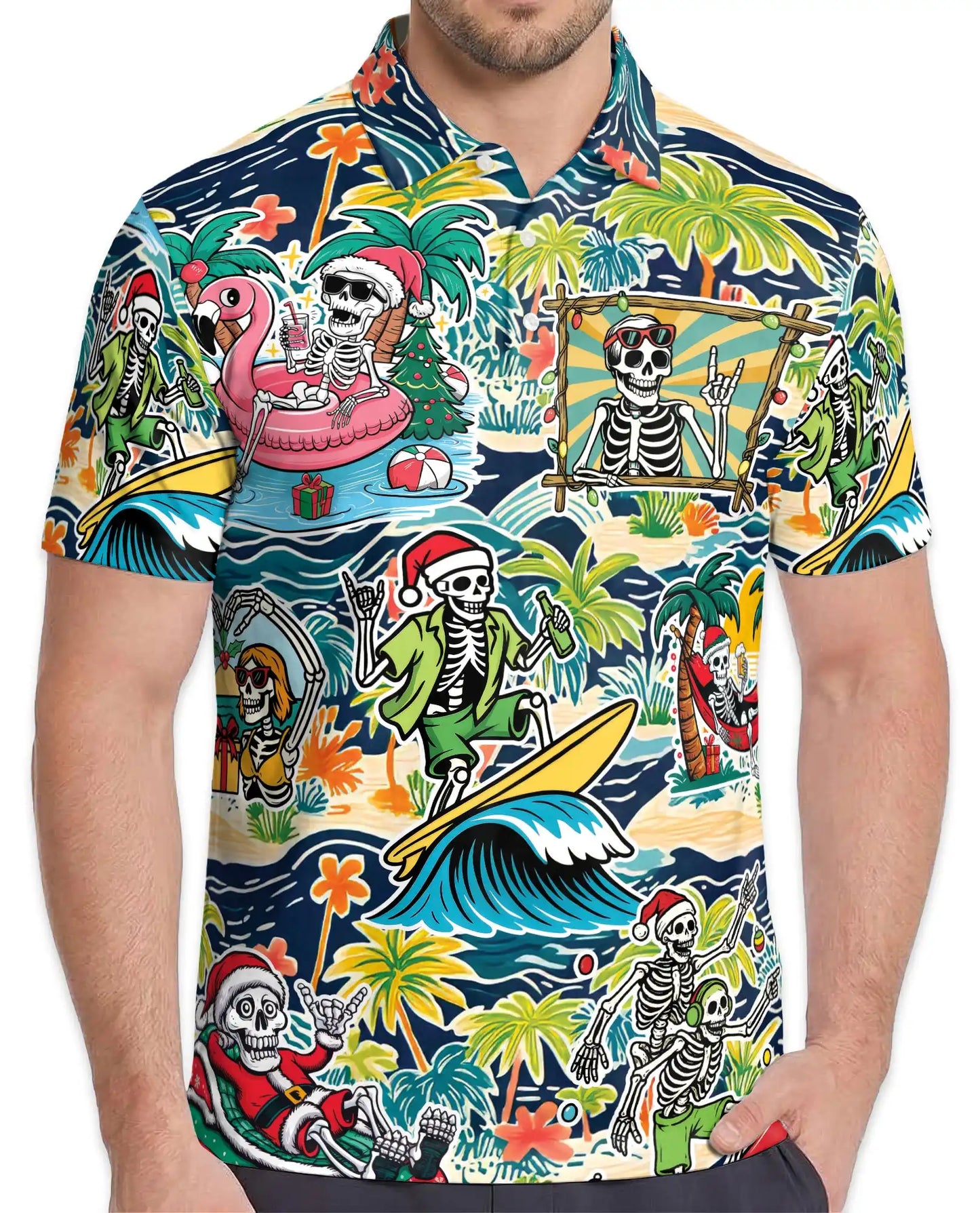 Skeleton Beach Holiday Polo Shirt for Men – Summer 3D Hawaiian | Netecom