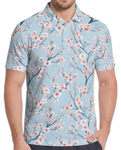 Blue Cherry Blossom Polo Shirt for Men – Spring Floral Style | Netecom