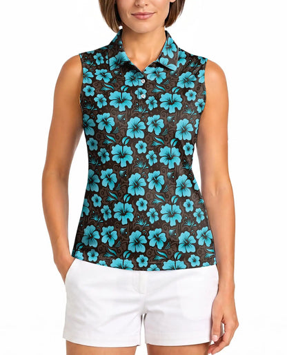 Cyan Hibiscus Print Sleeveless Polo Shirt for Women | Netecom