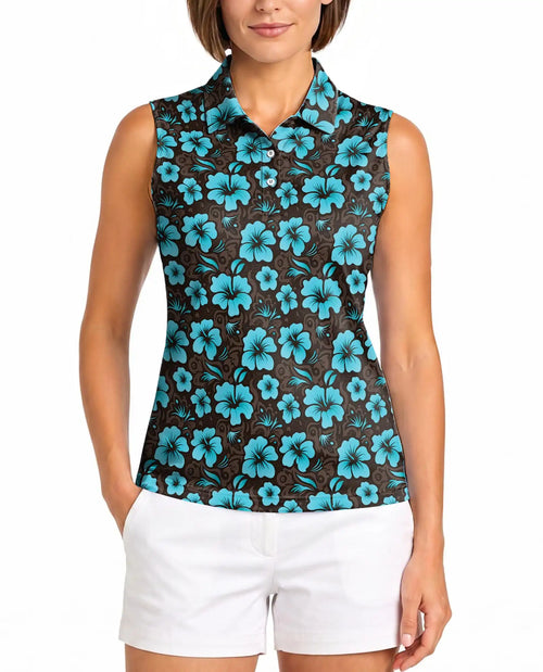 Cyan Hibiscus Print Sleeveless Polo Shirt for Women | Netecom