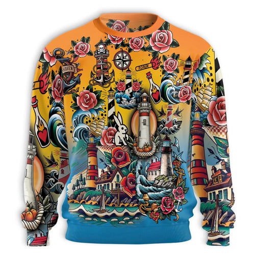 Traditional Lighthouse Sweatshirt, 3D All Over Print Coastal Nautical Crewneck Pullover for Men Women, Lighthouse Lover Gift - Netecom