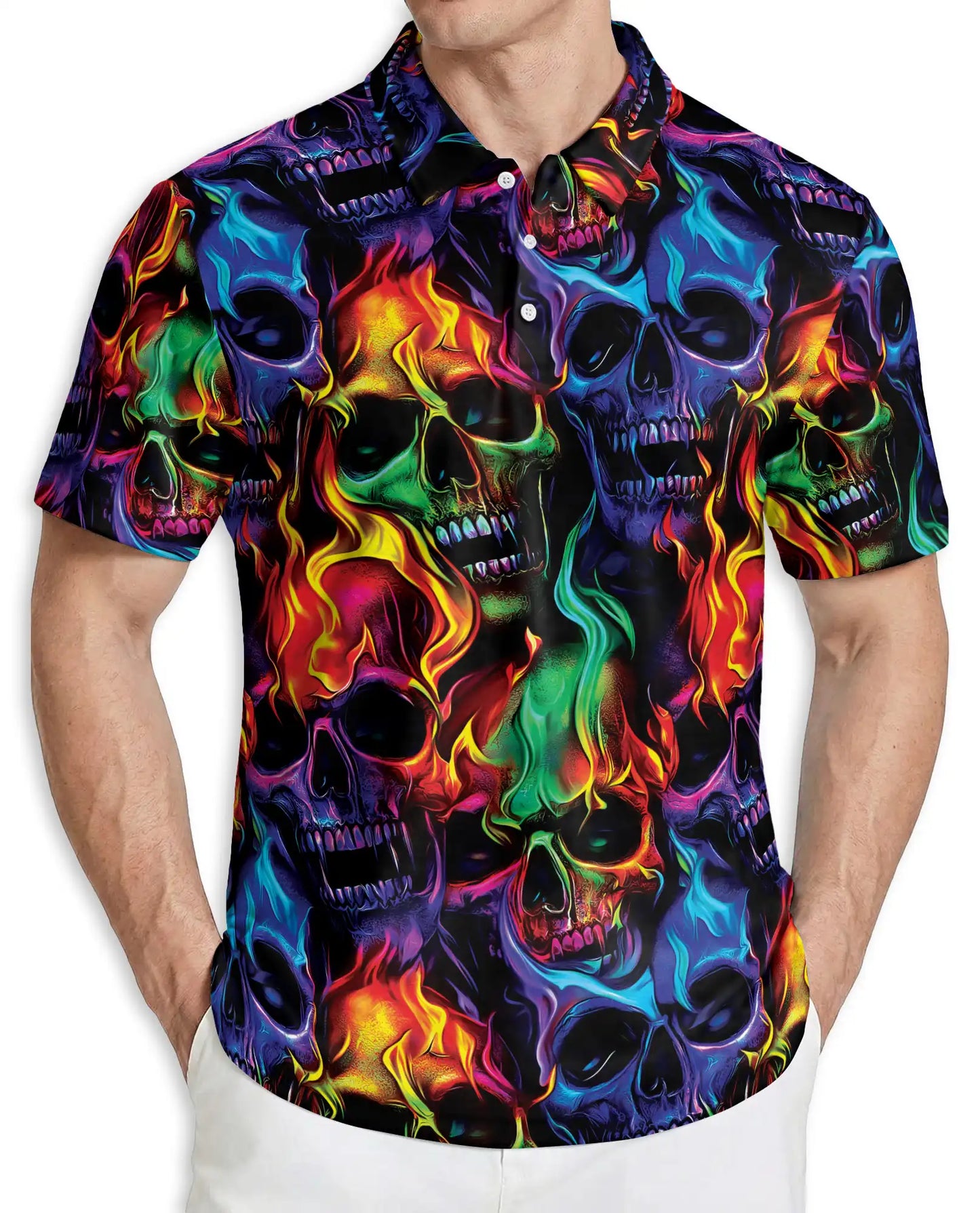 Flaming Skull Neon 3D Polo Shirt for Men | Netecom