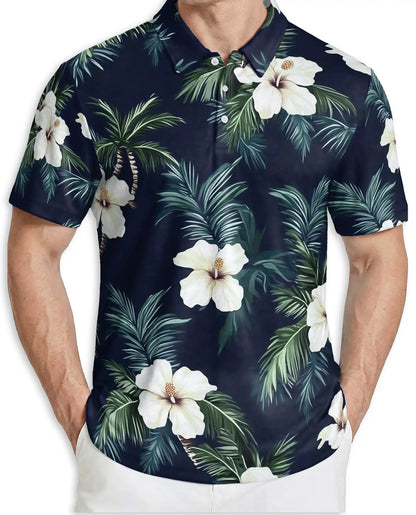Tropical Hibiscus Palm 3D Polo Shirt for Men – Hawaiian Floral Beach Style | Netecom