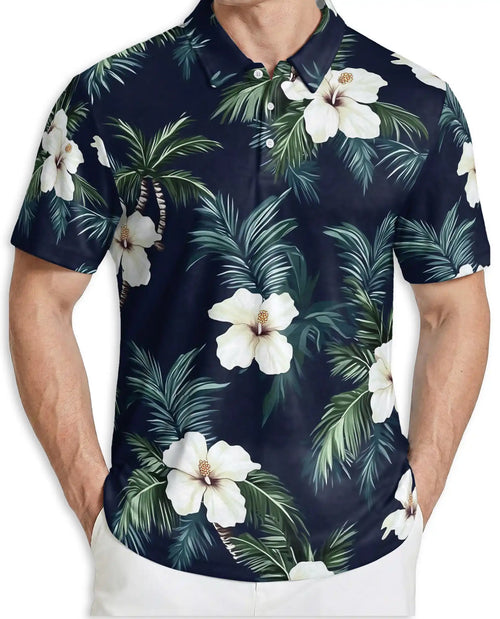 Tropical Hibiscus Palm 3D Polo Shirt for Men – Hawaiian Floral Beach Style | Netecom