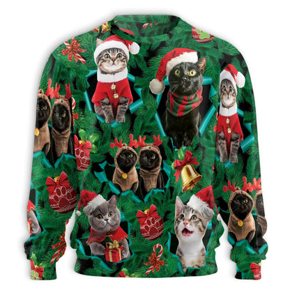 Funny Cats Green Sweatshirt, 3D All Over Print Cute Cat Crewneck Pullover for Men Women, Cat Lover Gift - Netecom