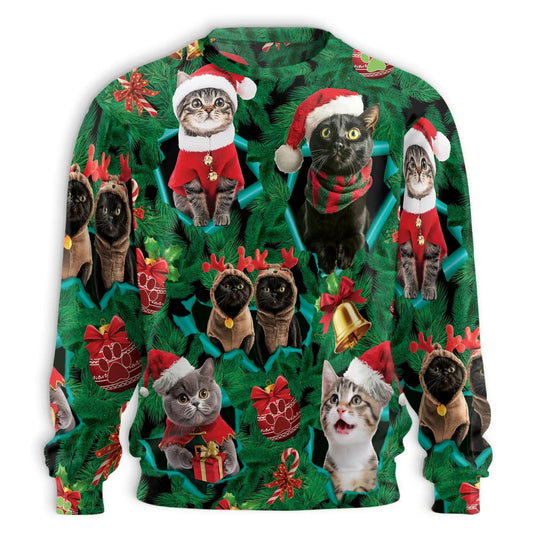 Funny Cats Green Sweatshirt, 3D All Over Print Cute Cat Crewneck Pullover for Men Women, Cat Lover Gift - Netecom