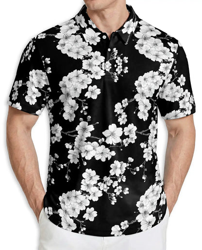 Black White Floral Hawaiian 3D Polo Shirt for Men | Netecom