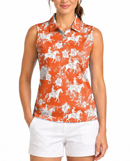 Orange Equestrian Horse Floral Sleeveless Polo Shirt for Women | Netecom