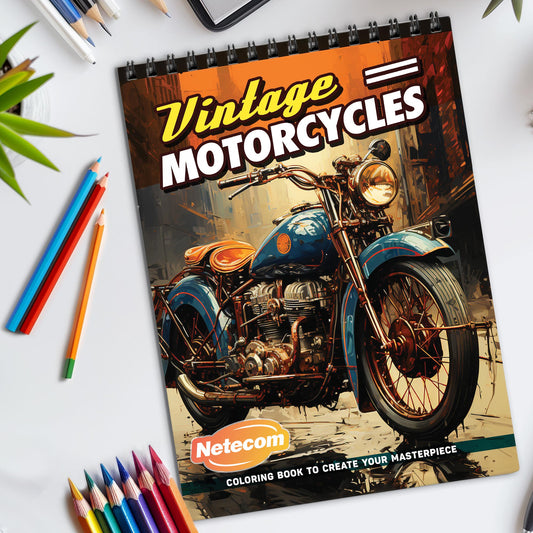 Vintage Motorcycles Spiral Bound Coloring Book, Classic Motorcycles for a Retro Art Adventure, Great for Bike Enthusiasts and Vintage Vehicle Fans