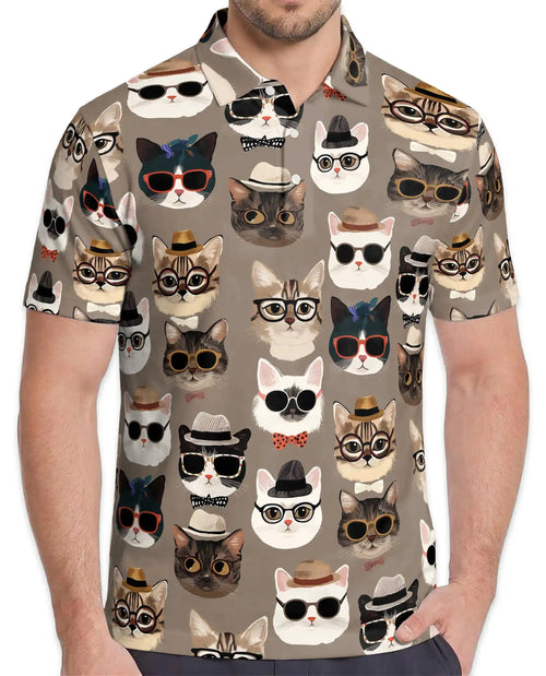 Funny Hipster Cat Polo Shirt For Men- Print Cool Cats With Glasses | Netecom