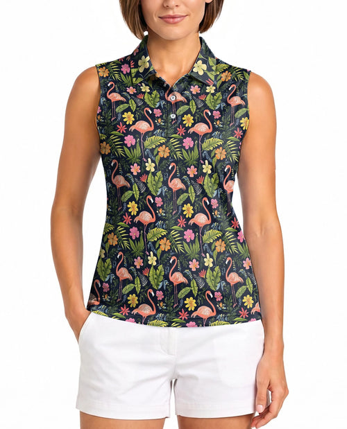 Black Flamingo Retreat Sleeveless Polo Shirt for Women | Netecom