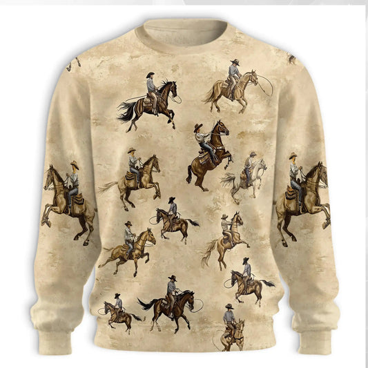Brown Horse Rodeo Sweatshirt, 3D All Over Print Western Cowboy Crewneck Pullover for Men Women, Equestrian Lover Gift - Netecom