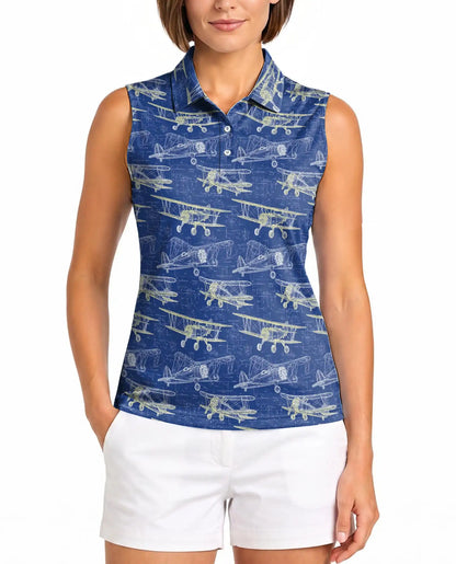 Vintage Biplane Print Sleeveless Polo Shirt for Women – Retro Aviation Style | Netecom