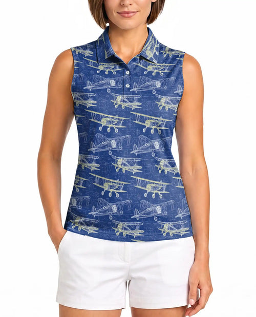Vintage Biplane Print Sleeveless Polo Shirt for Women – Retro Aviation Style | Netecom