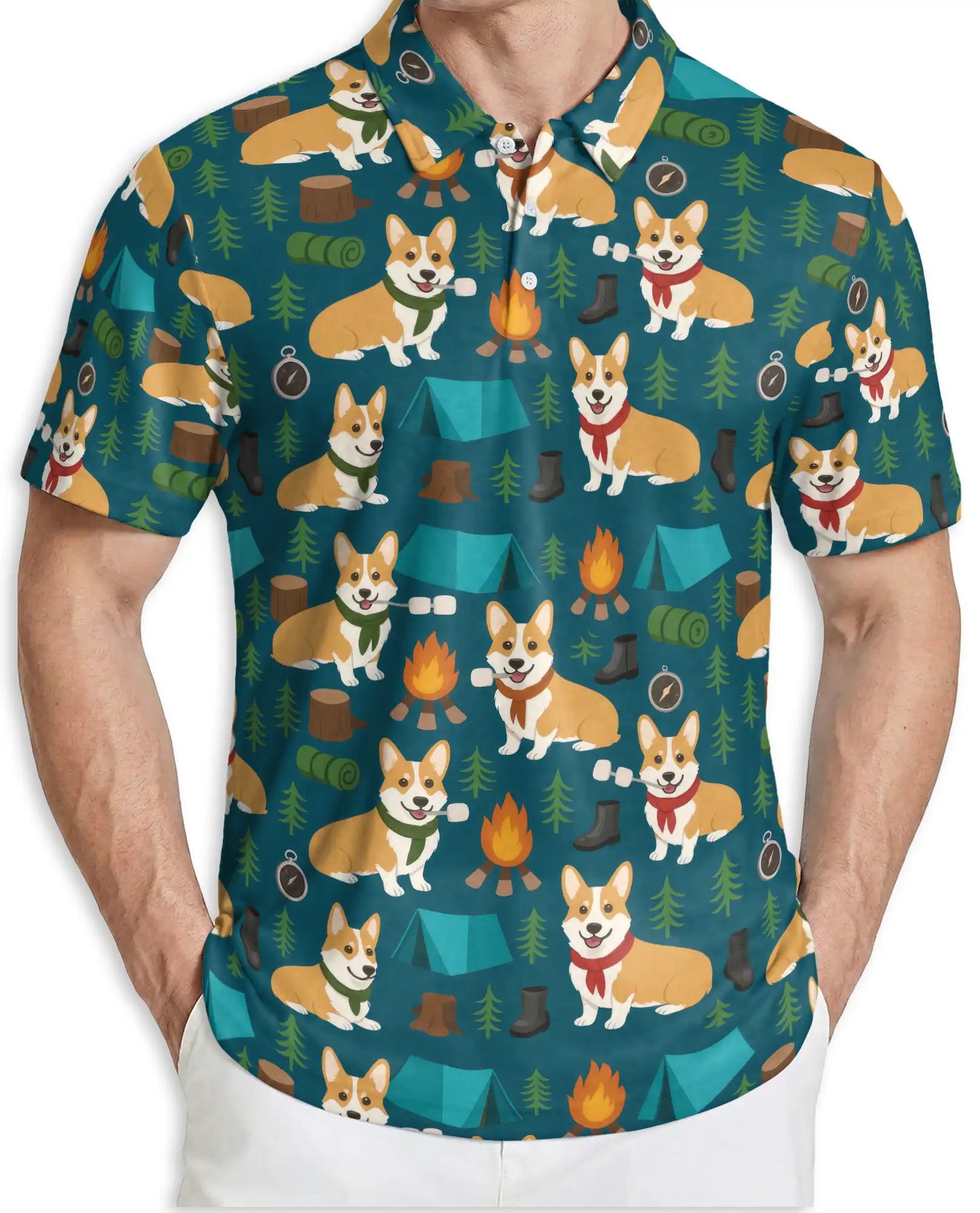 Corgi Camping Polo Shirt – Outdoor Adventure Print | Netecom