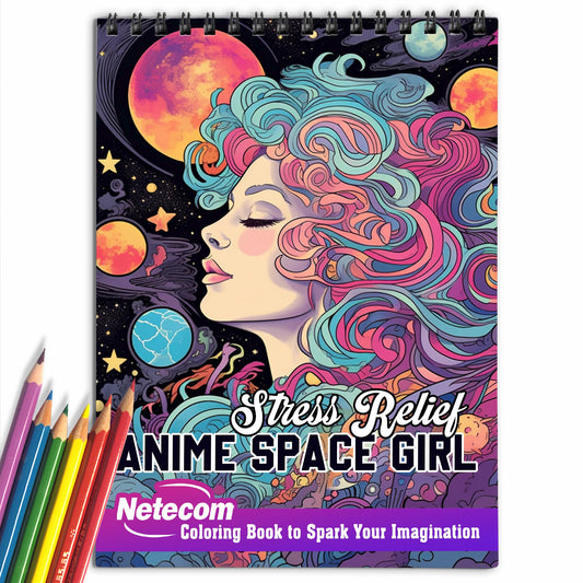 Stress Relief Anime Space Girl Spiral Bound Coloring Book, Find Inner Peace with 30 Meditative Coloring Pages, Depicting Anime Space Girls in Tranquil Cosmic Settings