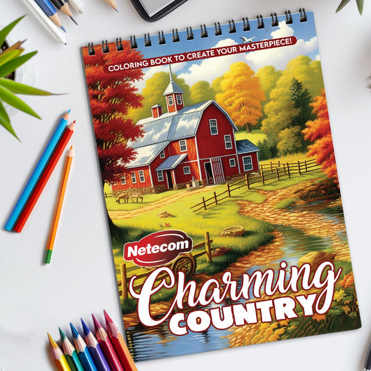 Charming Country Spiral Bound Coloring Book, Picturesque Country Scenes for a Delightful Artistic Escape, Perfect for Those Seeking Rural Charm