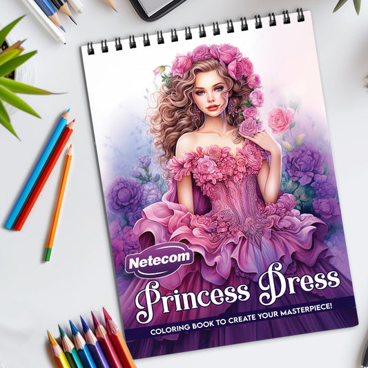 Princess Dress Spiral Bound Coloring Book, Elegant Princess Dresses for a Royal and Fashionable Coloring Experience, Great for Aspiring Designers and Dreamers