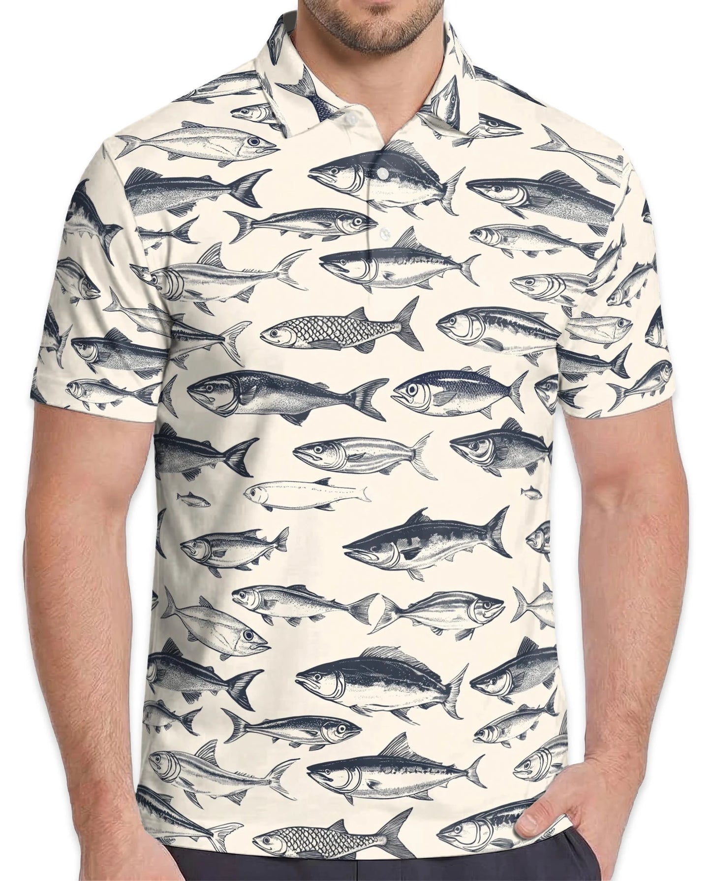 Vintage Fish Pattern Polo Shirt for Men – Coastal Fishing Style | Netecom